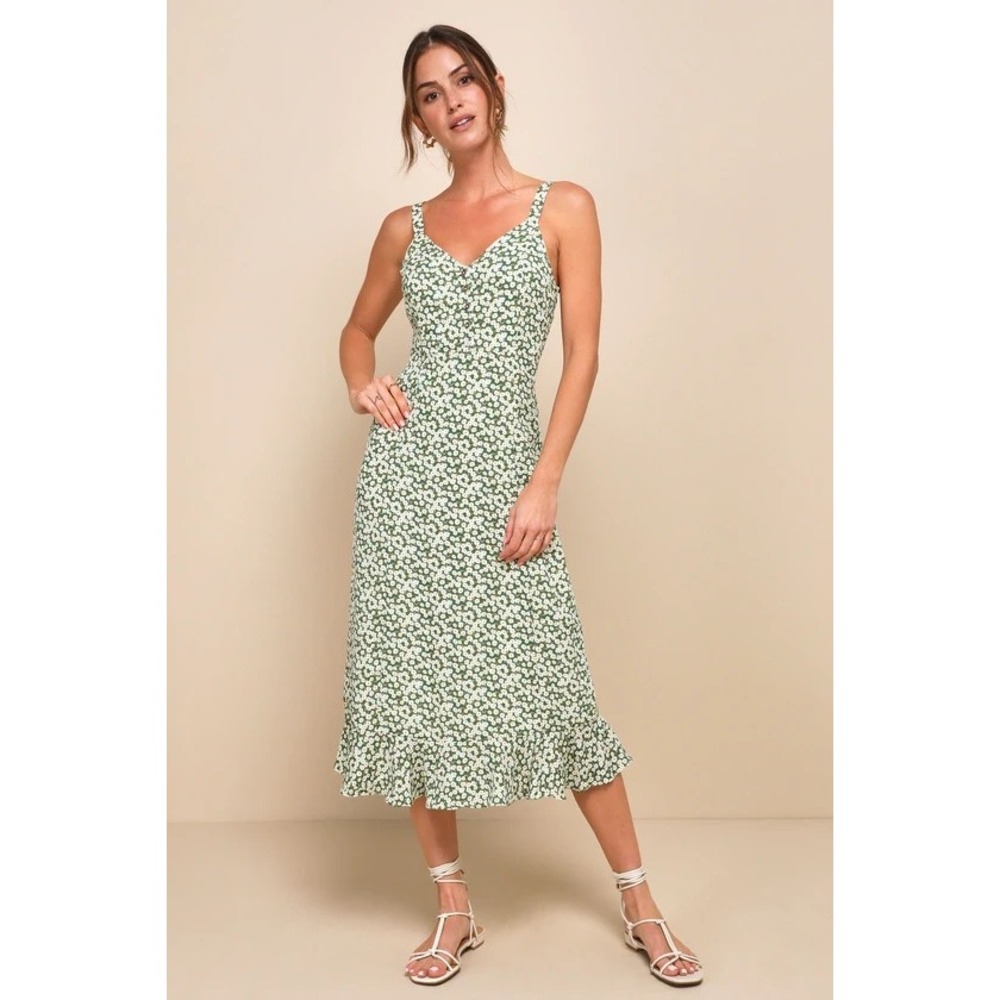 Lulu's Women Darling Daisies Green Floral Print Midi Dress‎ Sz XL Summer Party